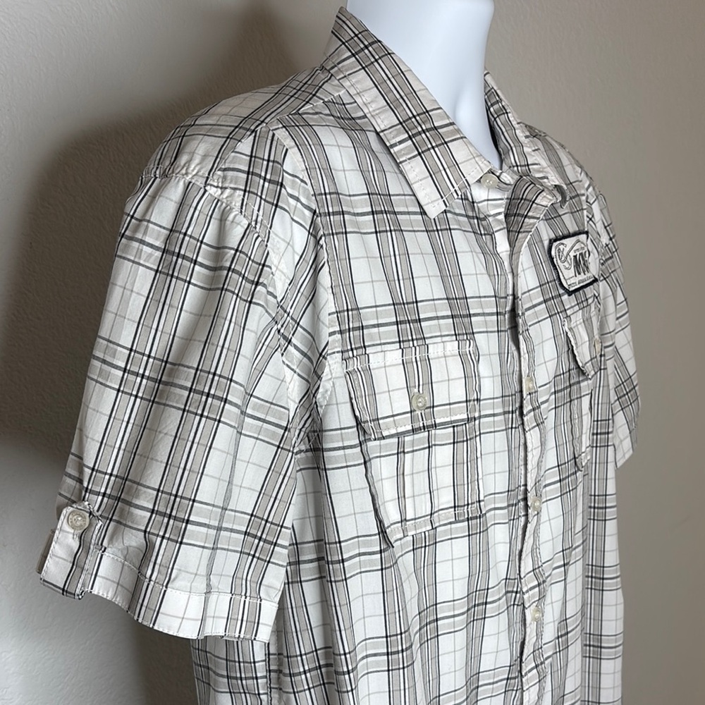 American Rag Plaid Button Down Shirt Casual White Gray Large Patch Details - Picture 7 of 9